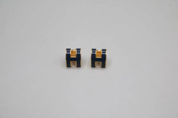 Hermes Gold Lacquered Navy Blue Mini Pop H Earrings