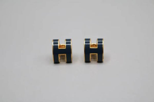 Hermes Gold Lacquered Navy Blue Mini Pop H Earrings