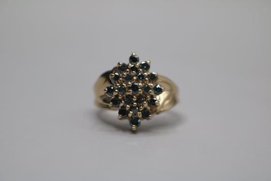 10K Yellow Gold Blue Diamond Cluster Ring .63 CTW Size 6 1/4