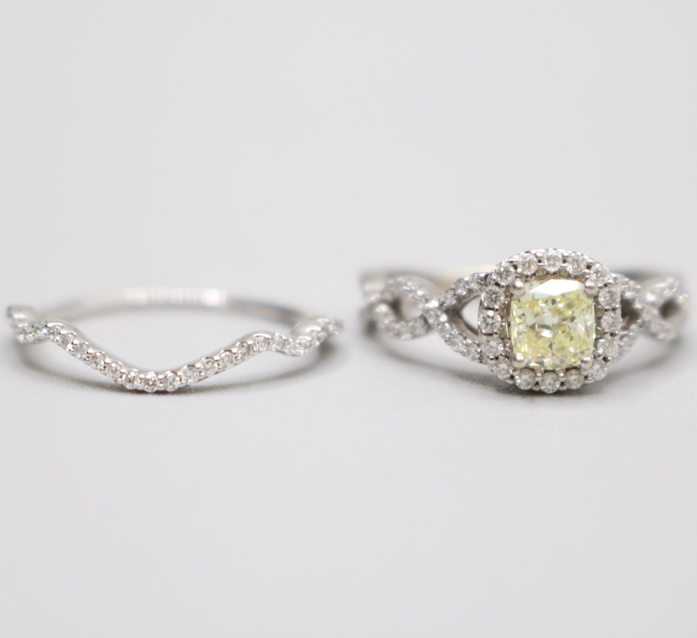 14K White Gold Radiant Cut Fancy Yellow Engagement Ring size 7 1/4 & 8