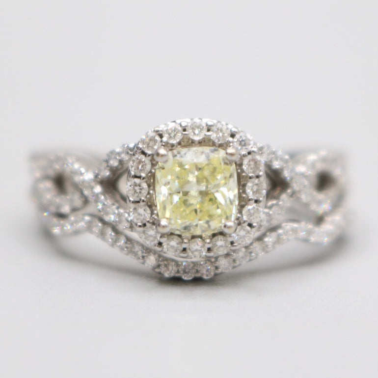 14K White Gold Radiant Cut Fancy Yellow Engagement Ring size 7 1/4 & 8