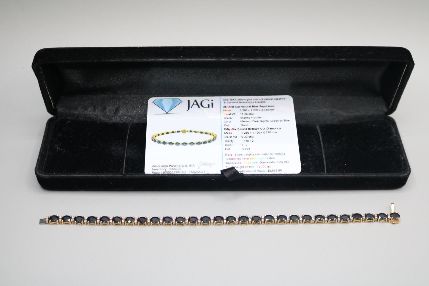18K Yellow Gold Oval Cut Natural Sapphire and Diamond Tennis-Style Bracelet (Length 7.5 Inches) (Local Pick-Up Only)