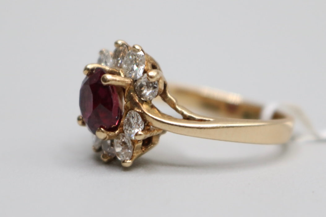 10K Yellow Gold Diamond Halo Ring with center Ruby (Size 5)