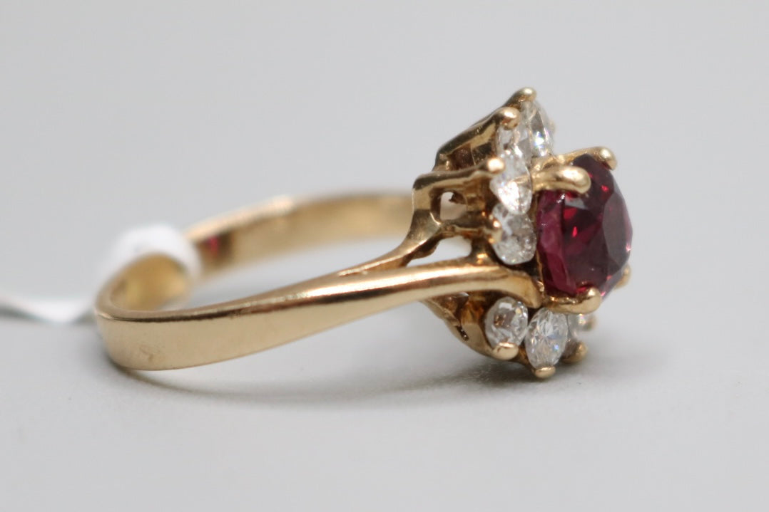 10K Yellow Gold Diamond Halo Ring with center Ruby (Size 5)