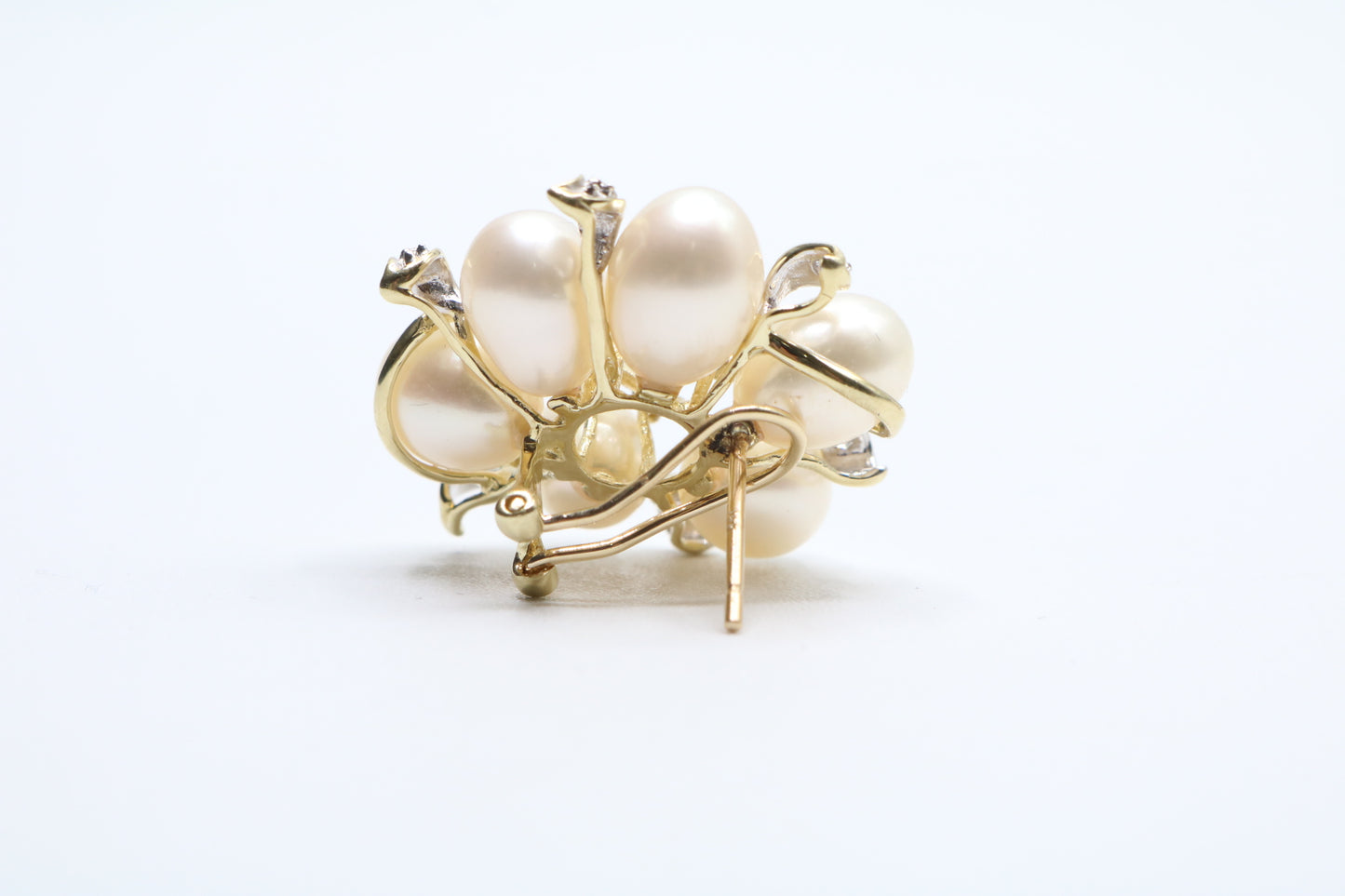 14K Yellow Gold Fancy Cluster Diamond Pearl Earrings (14 Grams)