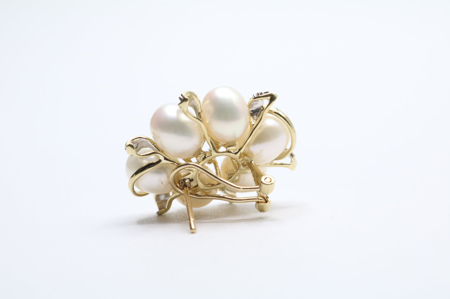 14K Yellow Gold Fancy Cluster Diamond Pearl Earrings (14 Grams)