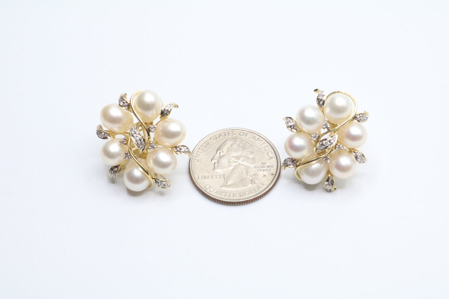 14K Yellow Gold Fancy Cluster Diamond Pearl Earrings (14 Grams)