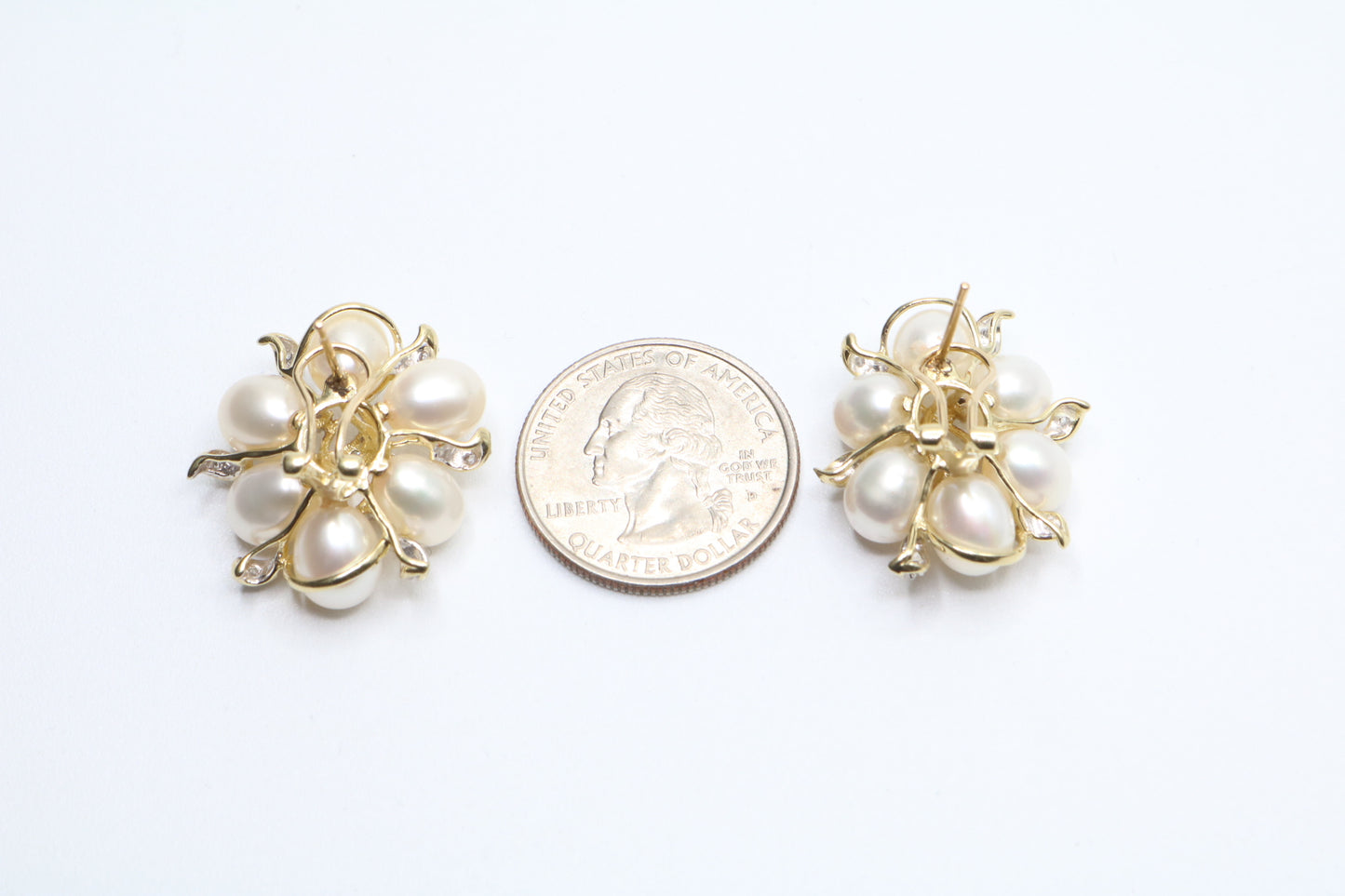 14K Yellow Gold Fancy Cluster Diamond Pearl Earrings (14 Grams)