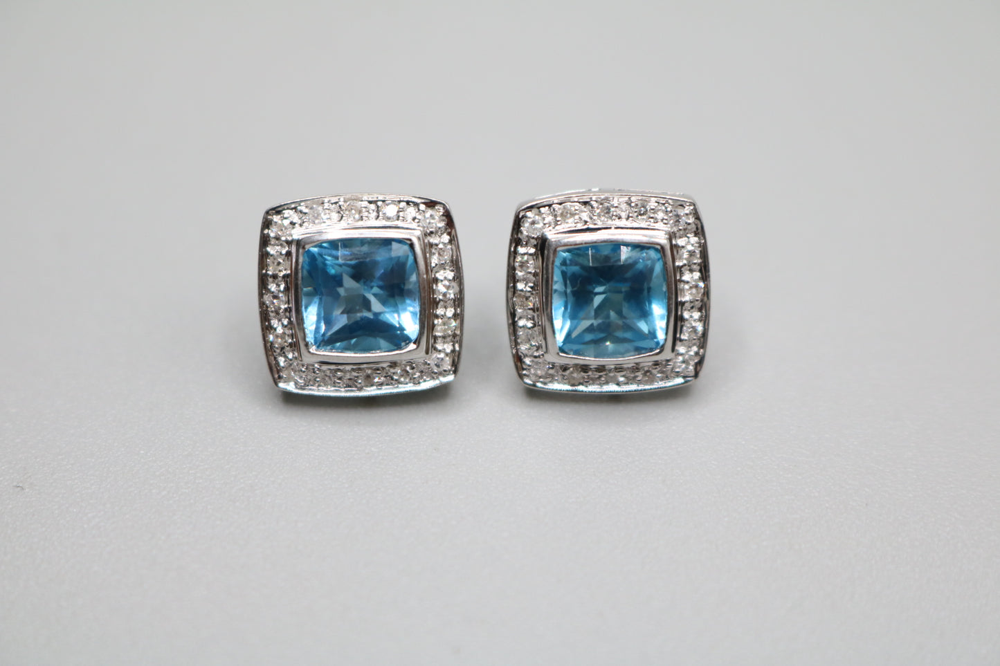 14K White Gold Cushion Cut Topaz and Diamond Earrings