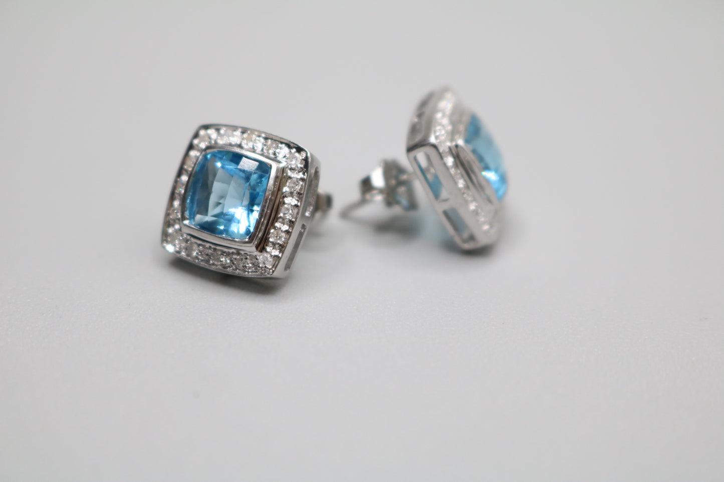 14K White Gold Cushion Cut Topaz and Diamond Earrings