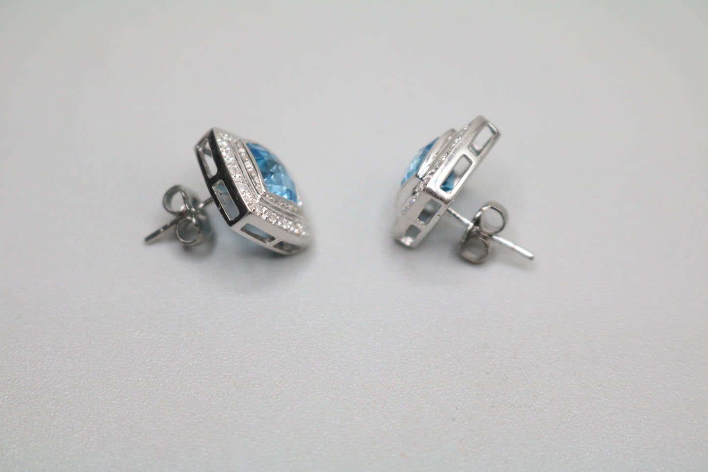 14K White Gold Cushion Cut Topaz and Diamond Earrings