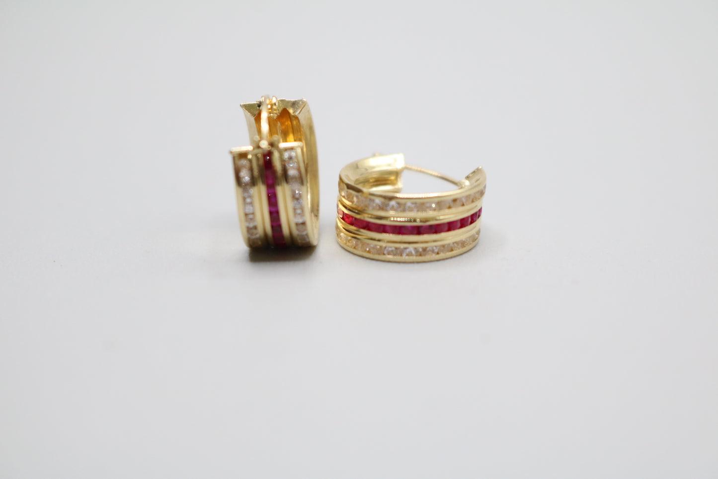 14K Yellow Gold Hoop Earrings W/ Red Rubies & Cubic Zirconia