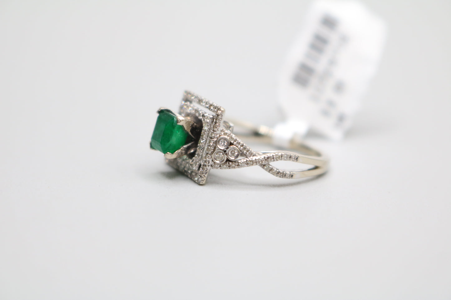 14K White Gold Classic Asscher Cut Emerald Square Ring W/ Surrounding Diamonds (Size 4 3/4)