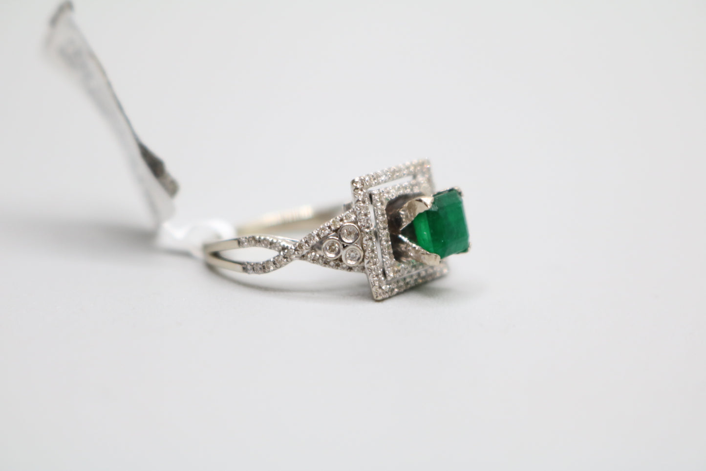 14K White Gold Classic Asscher Cut Emerald Square Ring W/ Surrounding Diamonds (Size 4 3/4)
