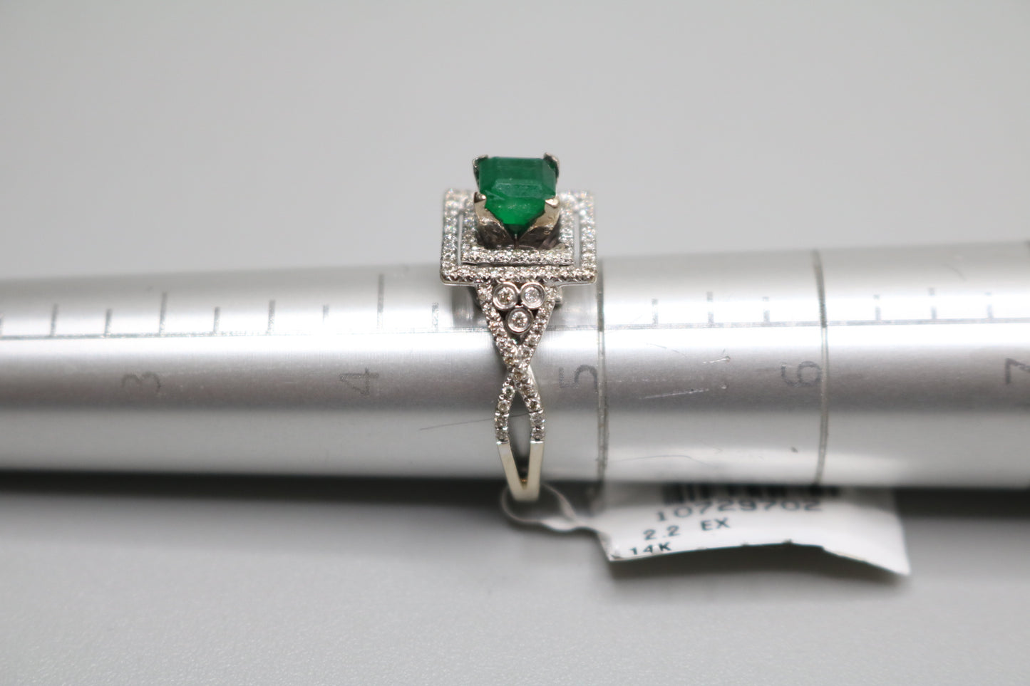 14K White Gold Classic Asscher Cut Emerald Square Ring W/ Surrounding Diamonds (Size 4 3/4)