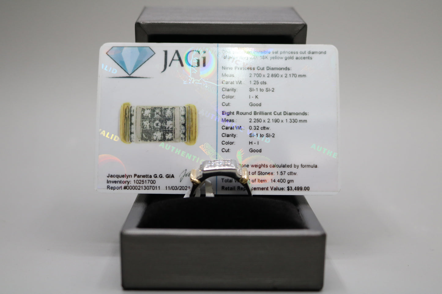 Platinum Invisible Set Princess Cut Diamond Cluster Ring with 18K Yellow Gold Accents (1.57 CTW) (Size 8 3/4)