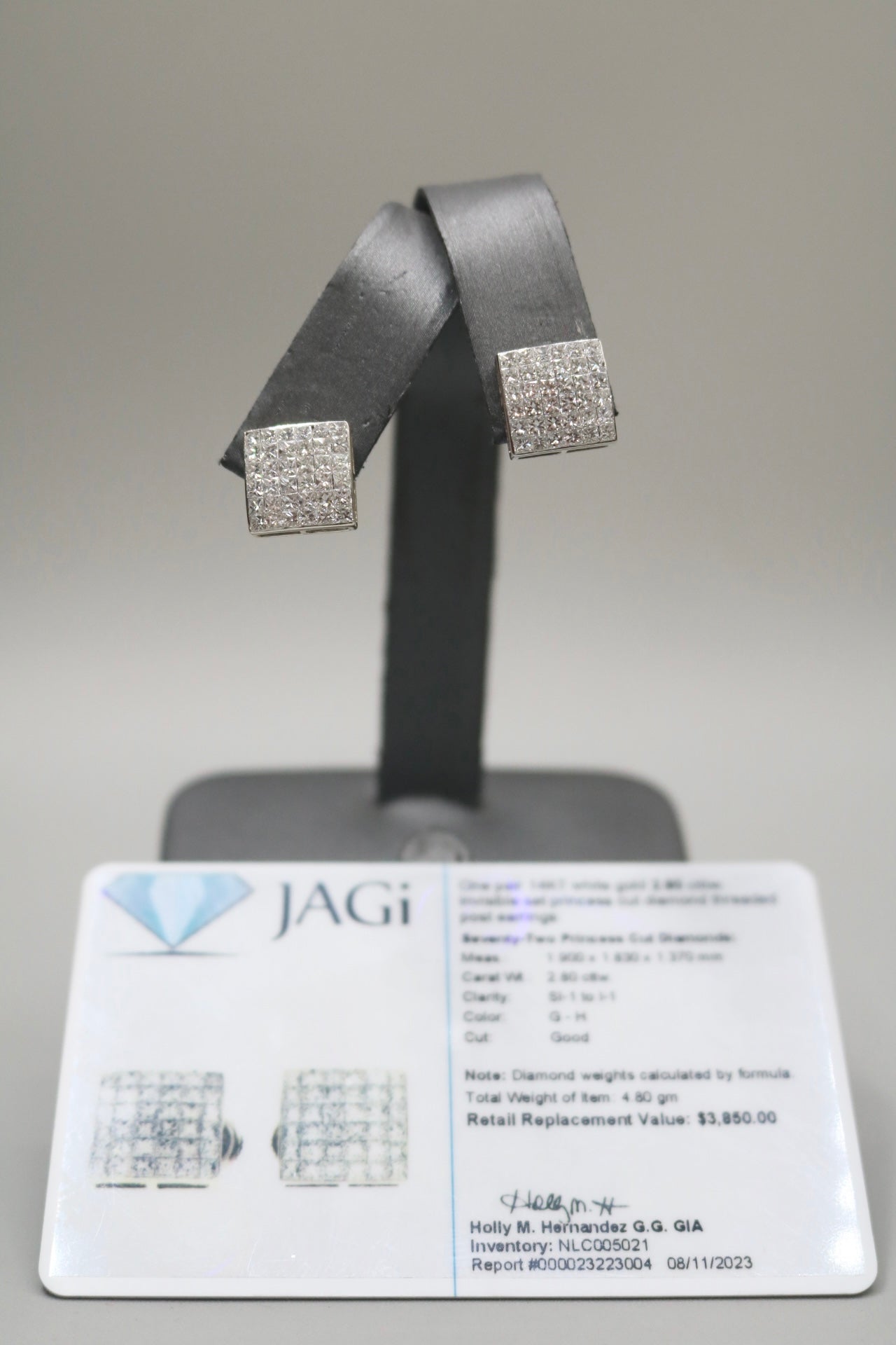 14K White Gold 2.80 CTW Invisible Set Princess Cut Diamond Earrings