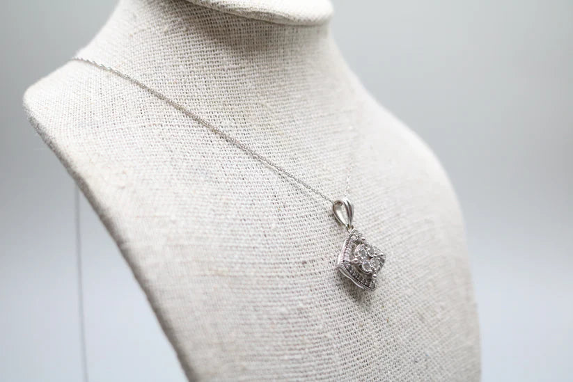 10K White Gold Twisted Chain Necklace w/ Floral Diamond Charm 0.56CTW