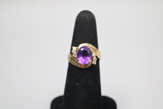 14K Yellow Gold Diamond Bypass Amethyst Ring (Size 6)