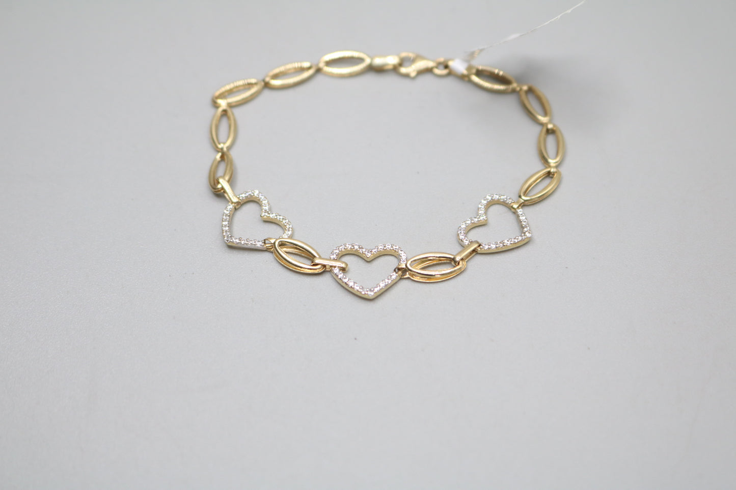 14K Yellow Gold Heart and Oval Bracelet with Clear Stones (Size 17)