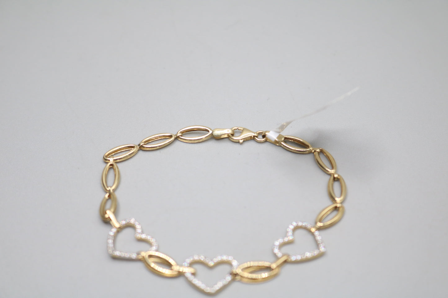 14K Yellow Gold Heart and Oval Bracelet with Clear Stones (Size 17)