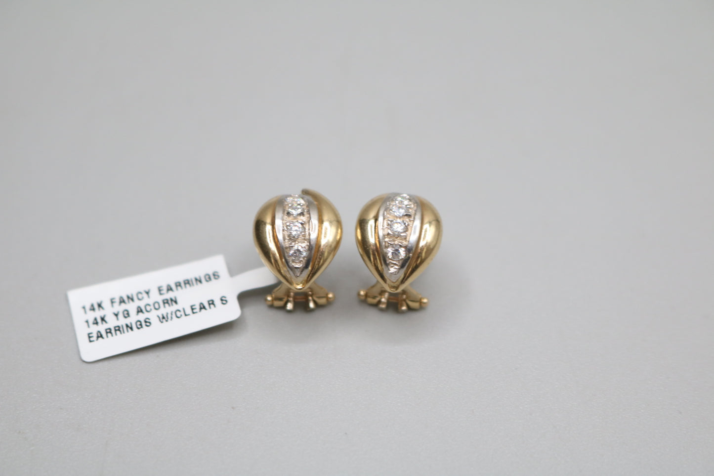 14K Two Tone Gold Acorn Earrings with Clear Stones