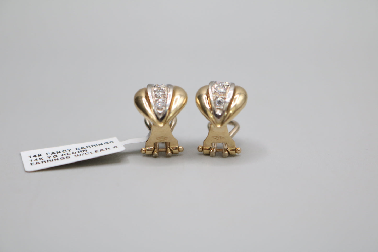 14K Two Tone Gold Acorn Earrings with Clear Stones