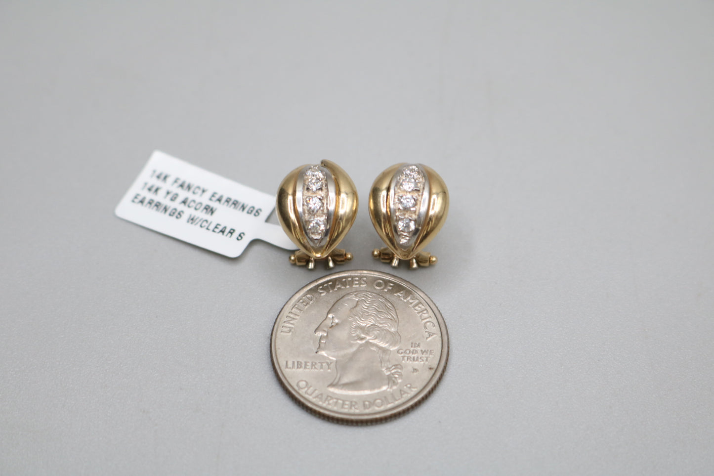 14K Two Tone Gold Acorn Earrings with Clear Stones