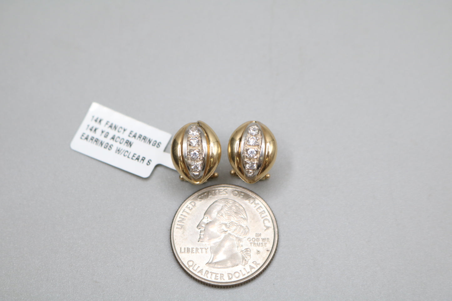 14K Two Tone Gold Acorn Earrings with Clear Stones