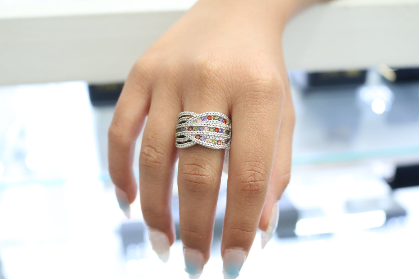 Sterling Silver Bypass Multicolor Ring (Size 7 3/4)