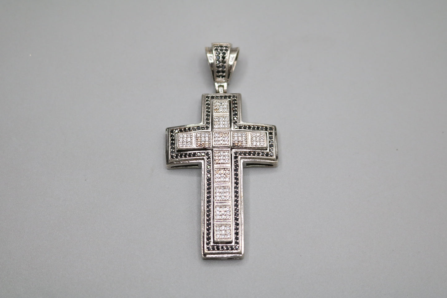 Sterling Silver Cross Charm with Clear and Black Stones