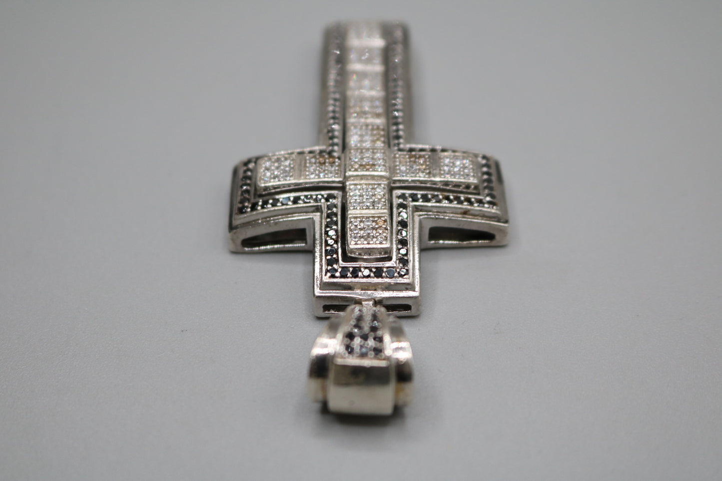 Sterling Silver Cross Charm with Clear and Black Stones