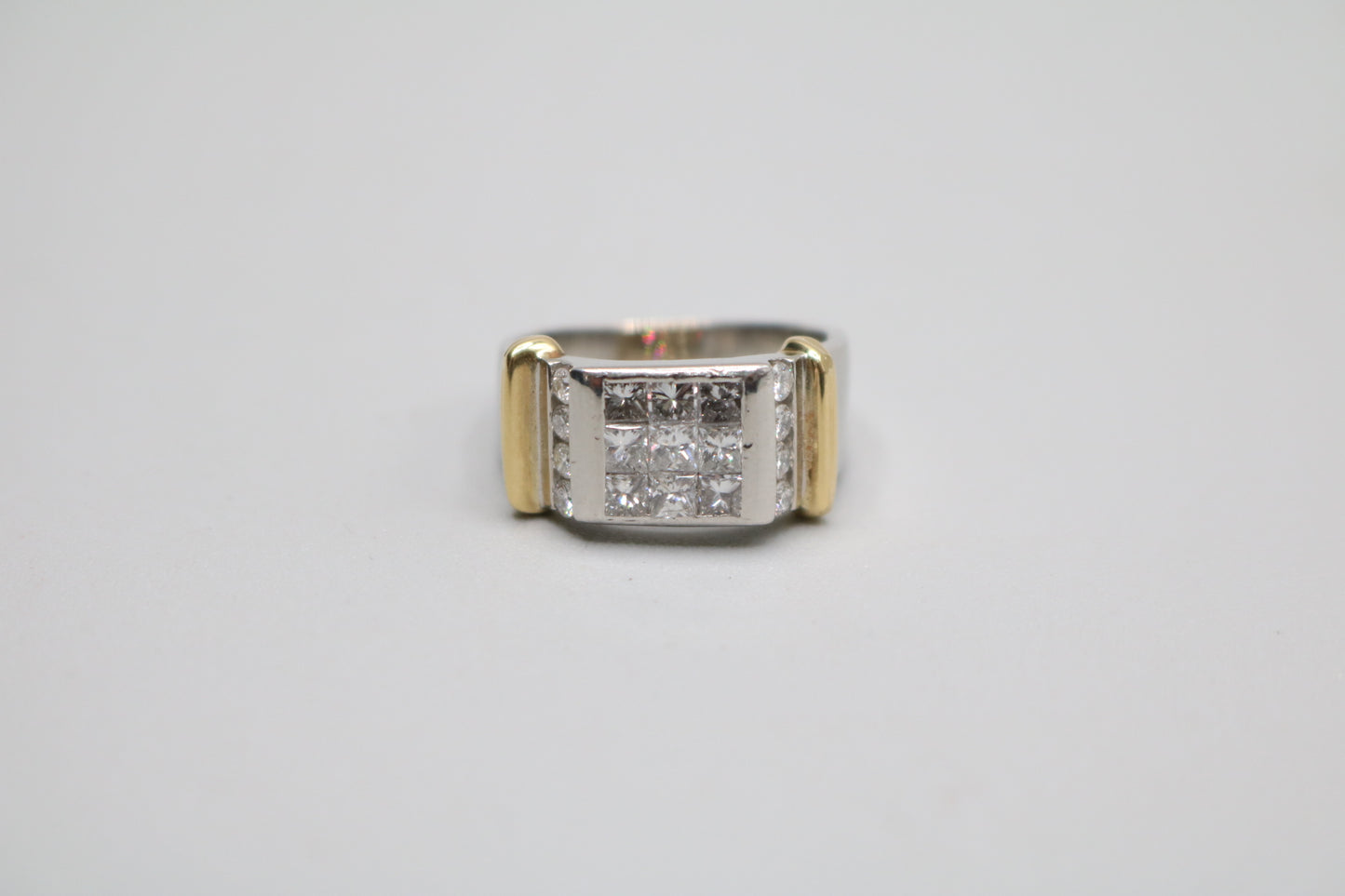 Platinum Invisible Set Princess Cut Diamond Cluster Ring with 18K Yellow Gold Accents (1.57 CTW) (Size 8 3/4)