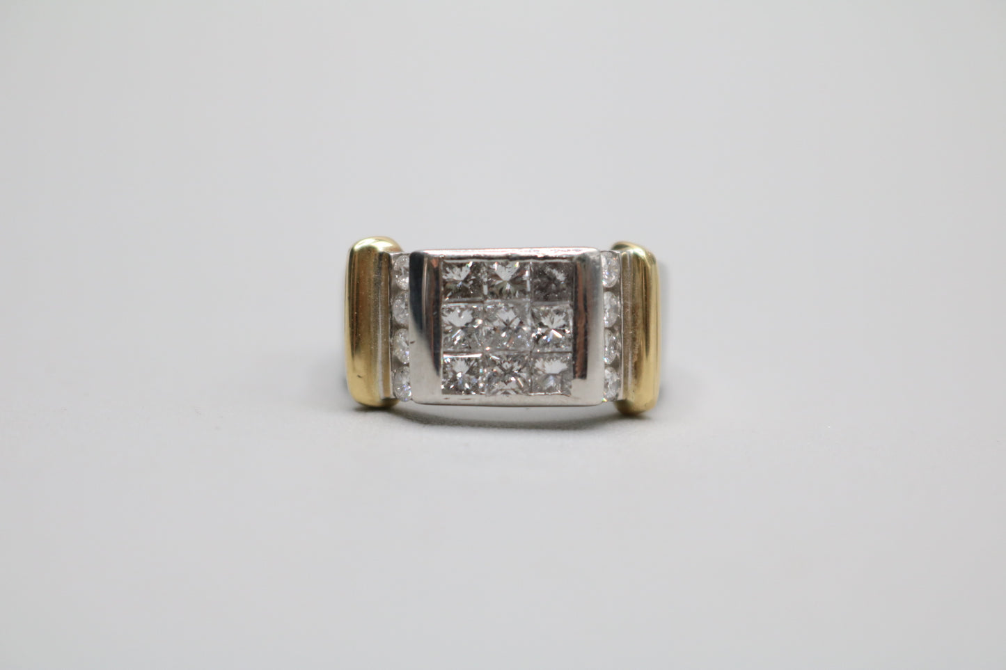 Platinum Invisible Set Princess Cut Diamond Cluster Ring with 18K Yellow Gold Accents (1.57 CTW) (Size 8 3/4)