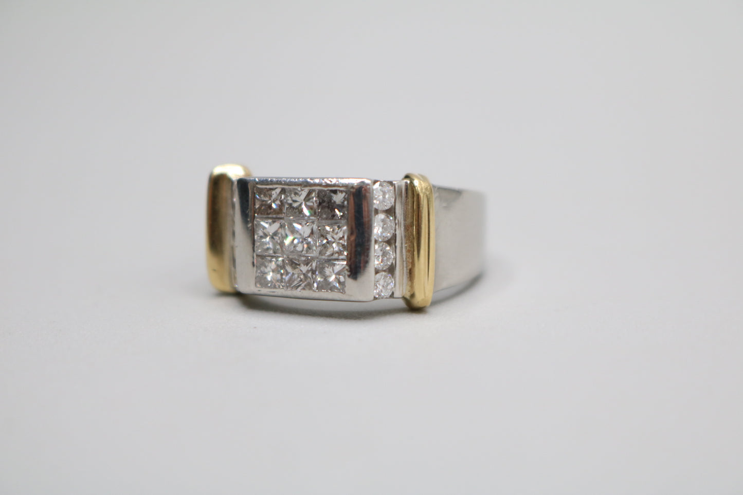 Platinum Invisible Set Princess Cut Diamond Cluster Ring with 18K Yellow Gold Accents (1.57 CTW) (Size 8 3/4)