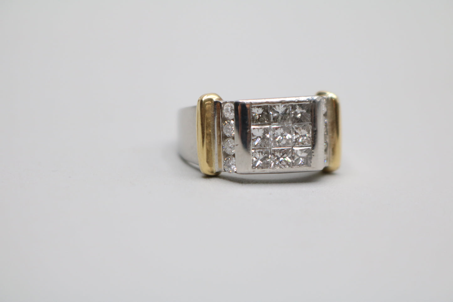 Platinum Invisible Set Princess Cut Diamond Cluster Ring with 18K Yellow Gold Accents (1.57 CTW) (Size 8 3/4)