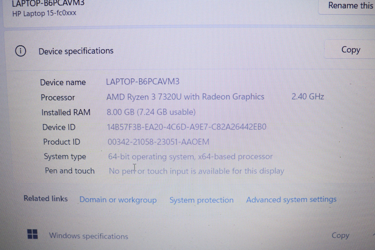 HP 15-fc0013od 15.6" AMD FHD Ryzen 3 7320U 2.4GHz 8GB RAM 256GB W11 Laptop