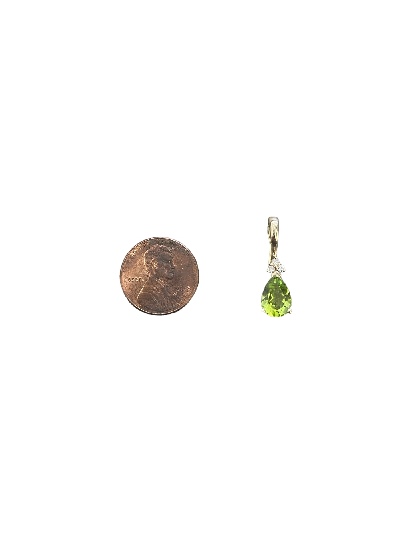 14K Yellow Gold Pear Shaped Green Stone W/ 3 Diamonds Charm (1.8 Grams)