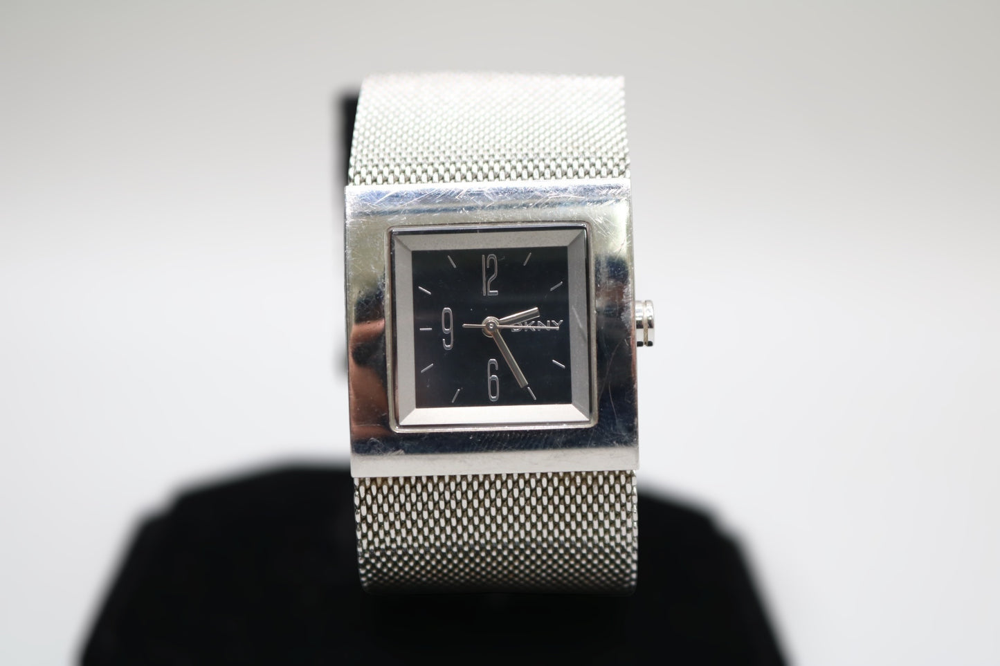 Ladies DKNY Black Square Dial Mesh Stainless Steel Silver Tone Bracelet Watch