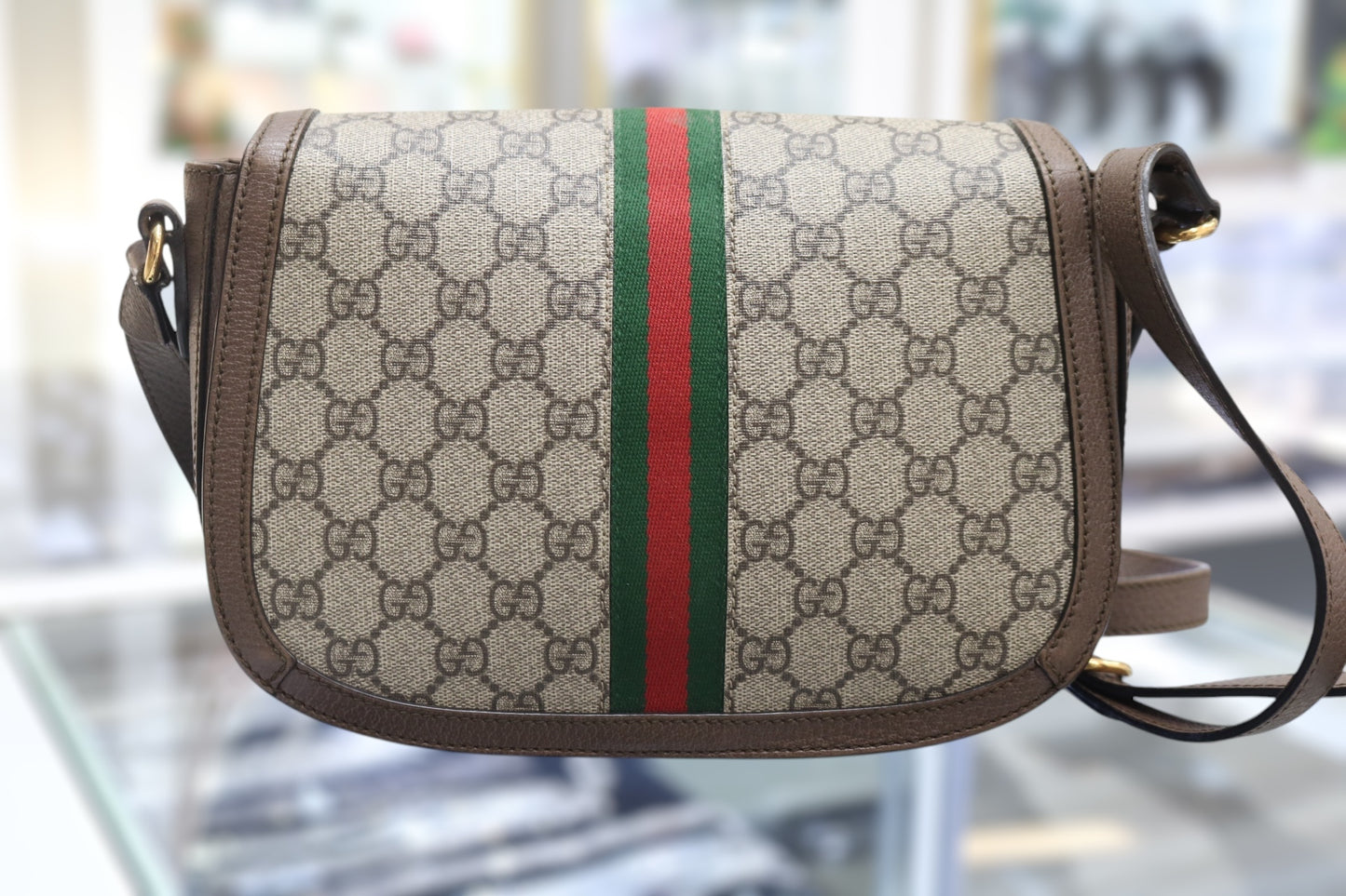 GG Supreme Monogram Web Small Ophidia Flap Messenger Bag