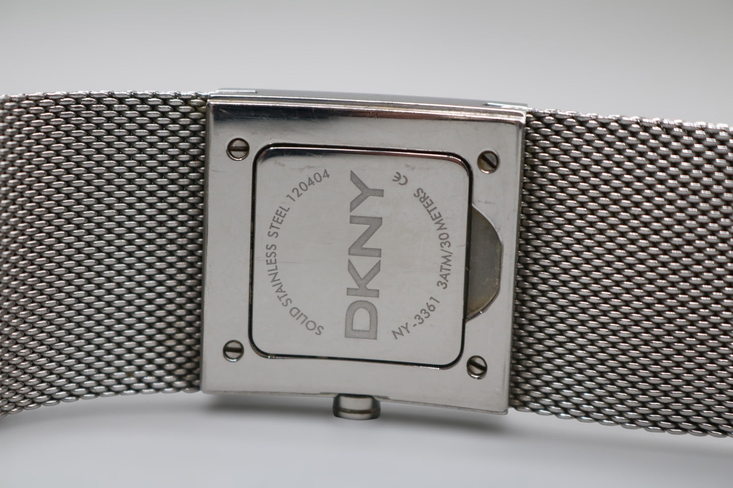 Ladies DKNY Black Square Dial Mesh Stainless Steel Silver Tone Bracelet Watch