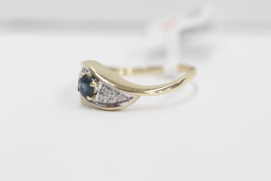 14K Yellow Gold Diamond Sapphire Bypass Ring (Size 6)