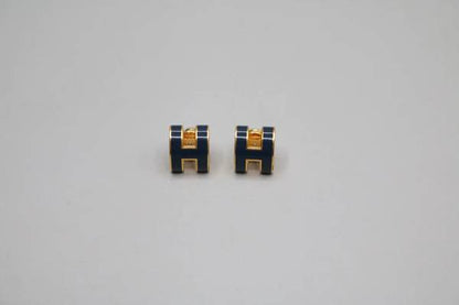 Hermes Gold Lacquered Navy Blue Mini Pop H Earrings