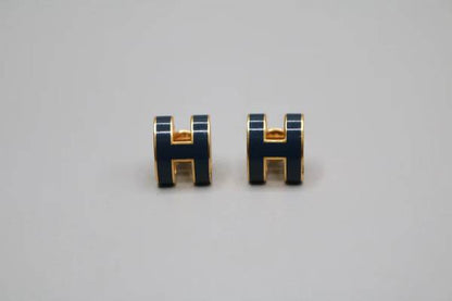 Hermes Gold Lacquered Navy Blue Mini Pop H Earrings