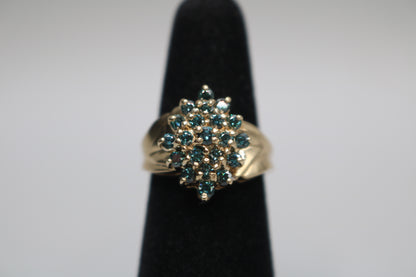 10K Yellow Gold Blue Diamond Cluster Ring .63 CTW Size 6 1/4