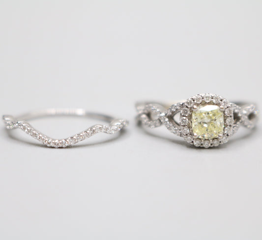 14K White Gold Radiant Cut Fancy Yellow Engagement Ring size 7 1/4 & 8