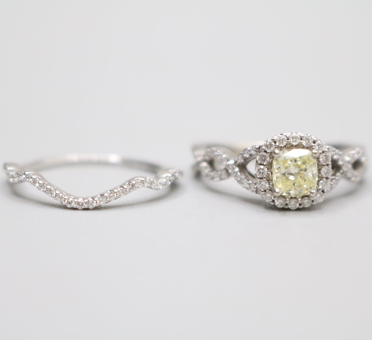 14K White Gold Radiant Cut Fancy Yellow Engagement Ring Set (Size 7 & 1/4 and Size 8) (No Shipping)