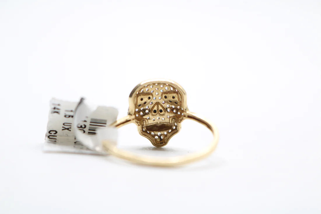 14k Yellow Gold Skull Ring w/Clear and Black Stones (Size 8 3/4)