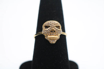 14k Yellow Gold Skull Ring w/Clear and Black Stones (Size 8 3/4)