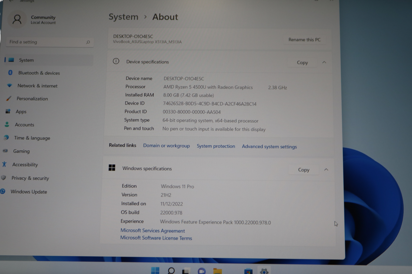 15.6-inch Asus M513I Laptop (512 GB SSD, 8 GB RAM, AMD Ryzen 5 4500U with Radeon Graphics @ 2.38 GHz, Windows 11 Pro)